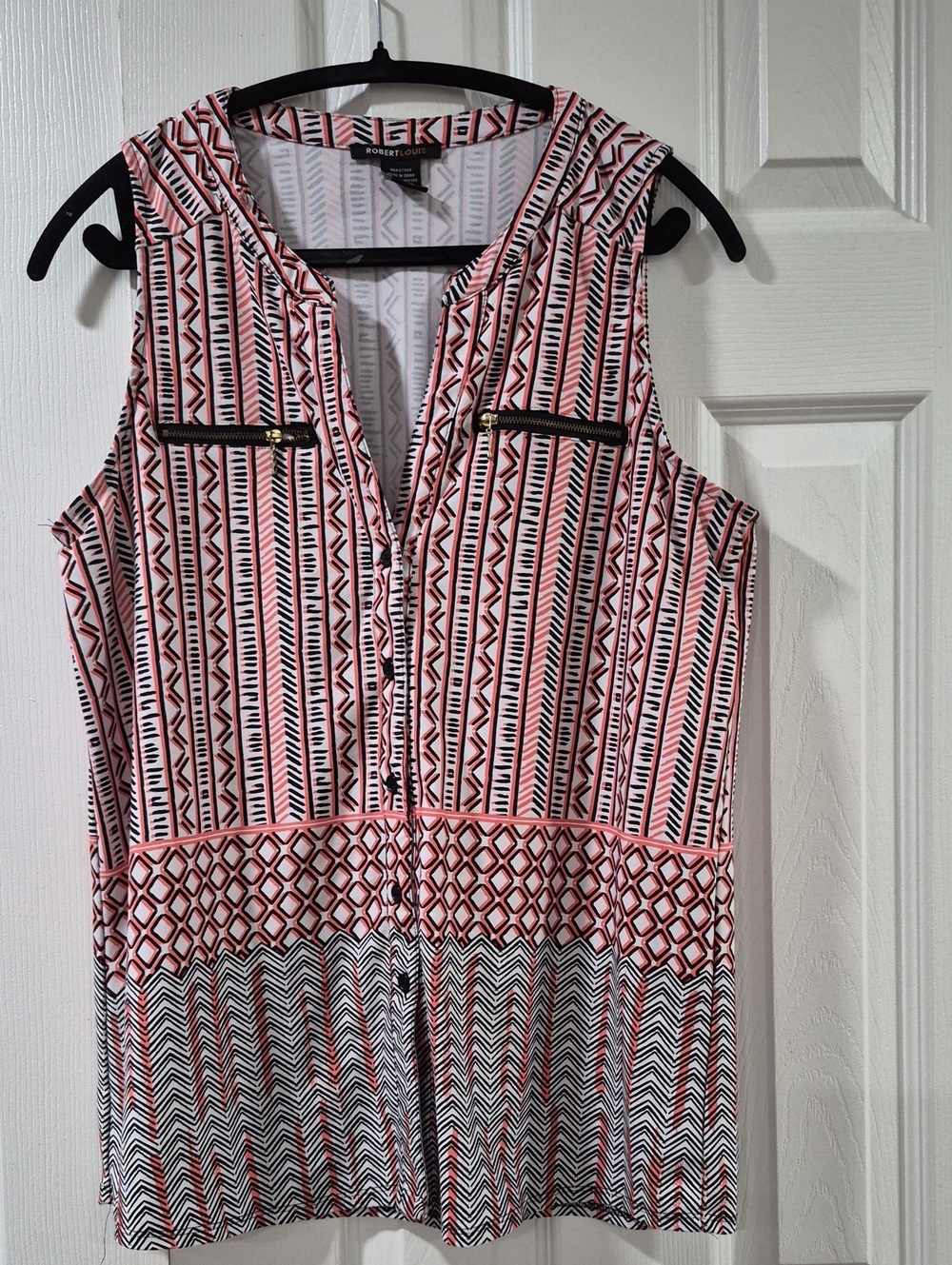 Robert Louis Pink and Black Geo-Print Zip Front Sleeveless Top